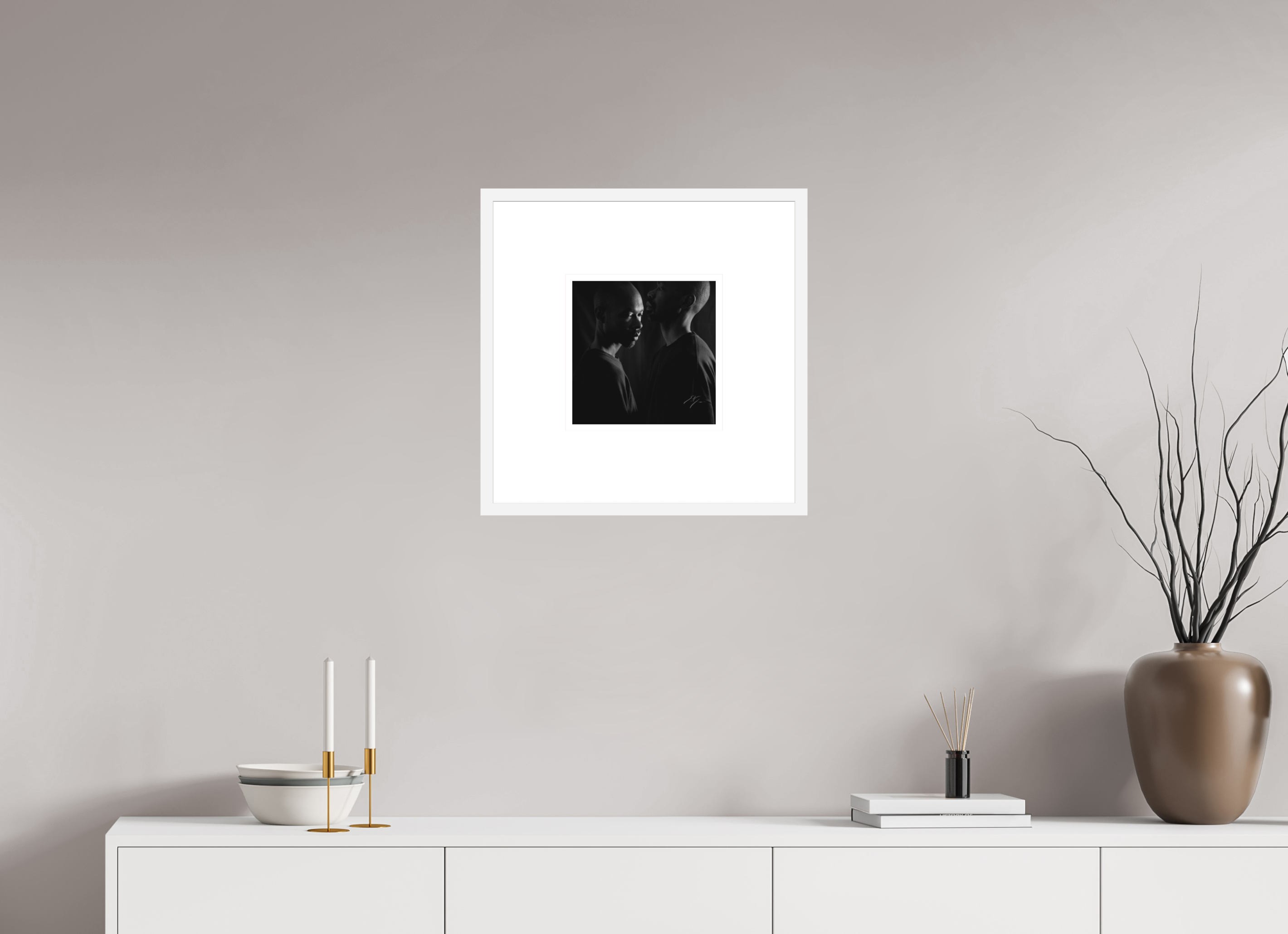 10 x 10″, FRAME SOLID WOOD [FUJI CRYSTAL DP II MATTE FLOAT GLASS] AGAINST THE WALL