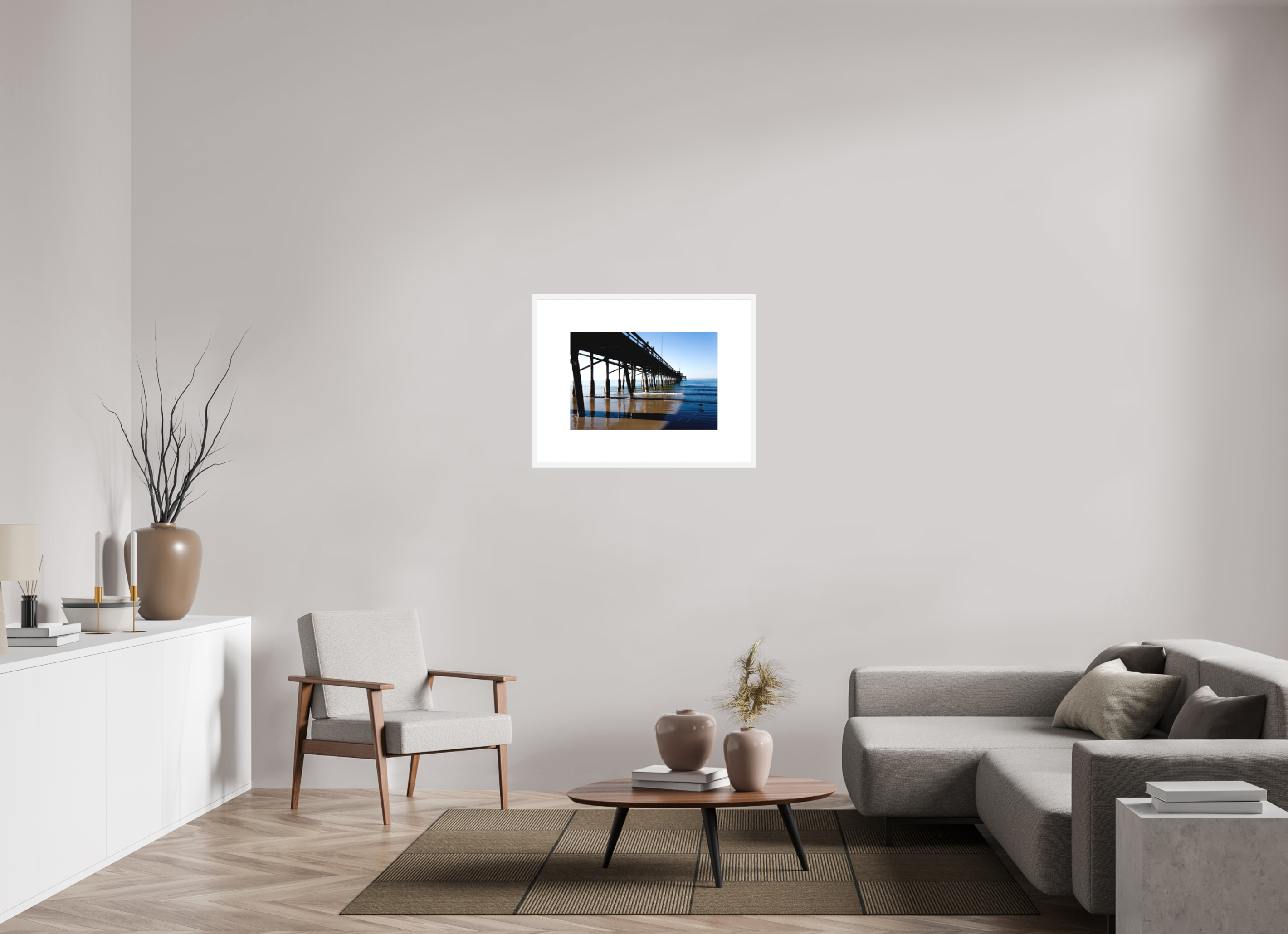 24 x 16″, FRAME SOLID WOOD [FUJIFLEX HIGH GLOSS MATTE FLOAT GLASS] ALONG THE PIER
