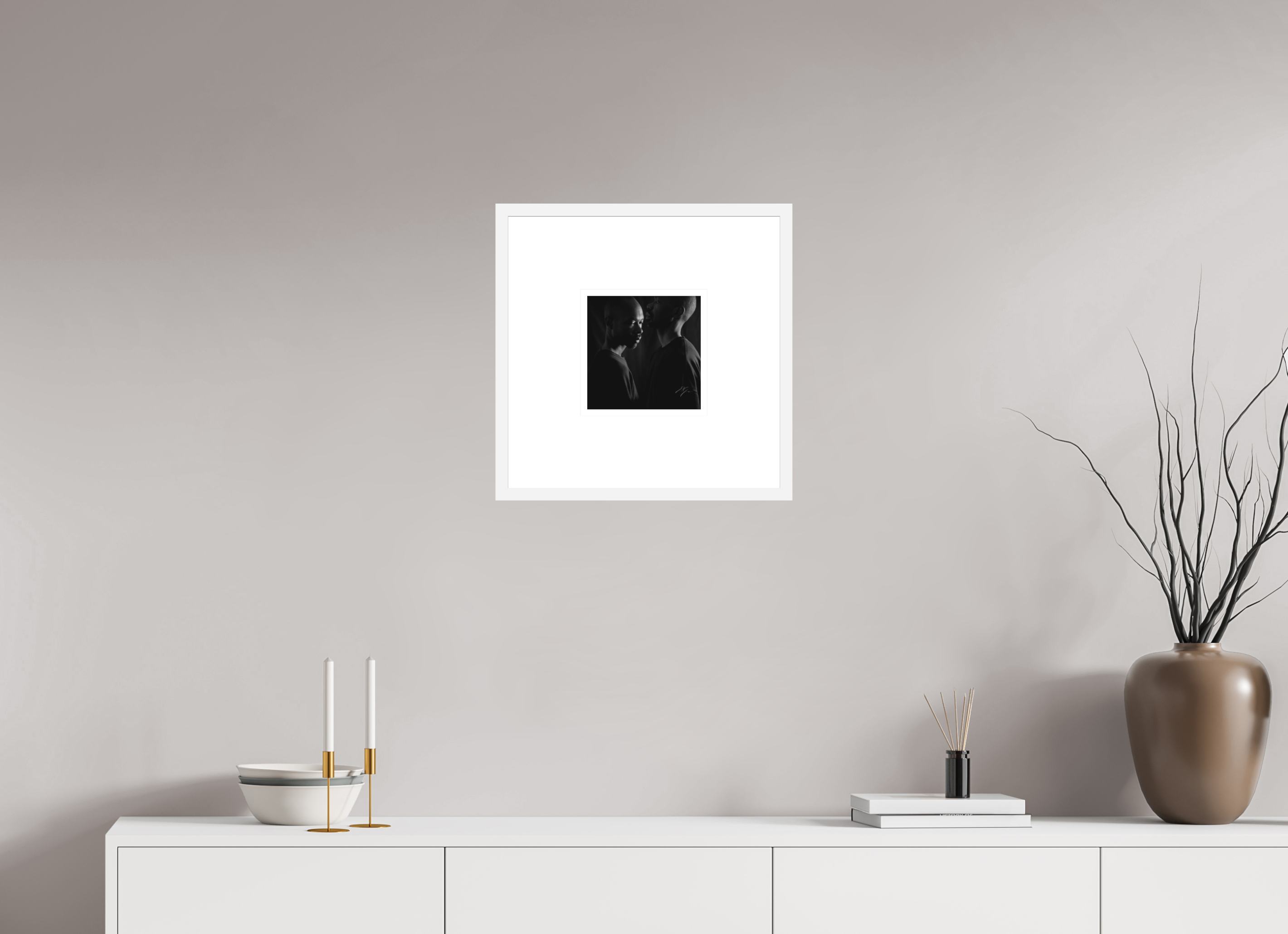 8 x 8″, FRAME SOLID WOOD [FUJI CRYSTAL DP II MATTE FLOAT GLASS] AGAINST THE WALL