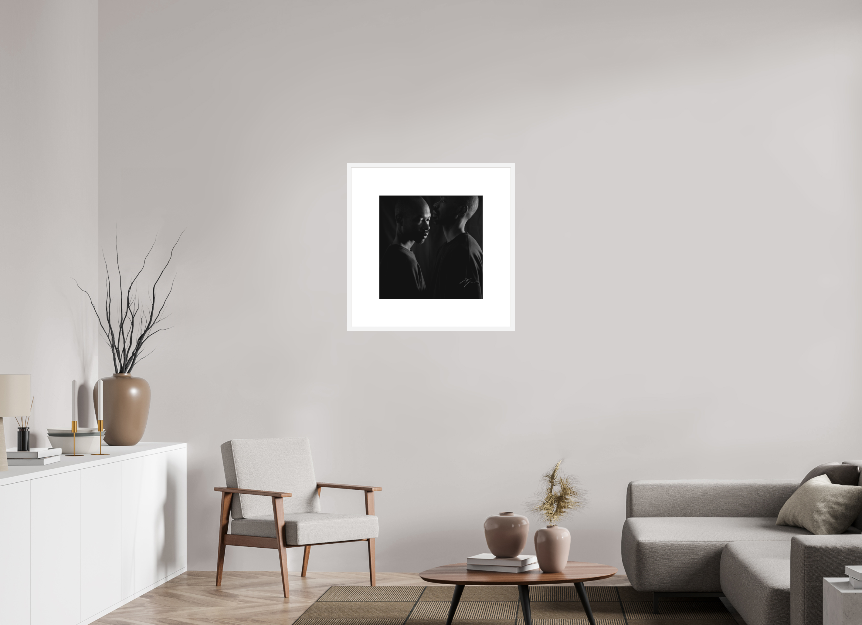 20 x 20″, FRAME SOLID WOOD [FUJIFLEX HIGH GLOSS MATTE FLOAT GLASS] AGAINST THE WALL