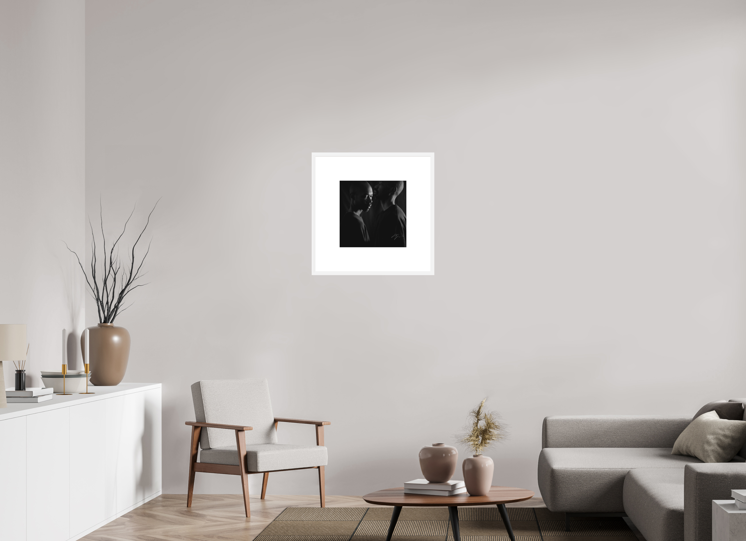 15 x 15″, FRAME SOLID WOOD [FUJIFLEX HIGH GLOSS MATTE FLOAT GLASS] AGAINST THE WALL