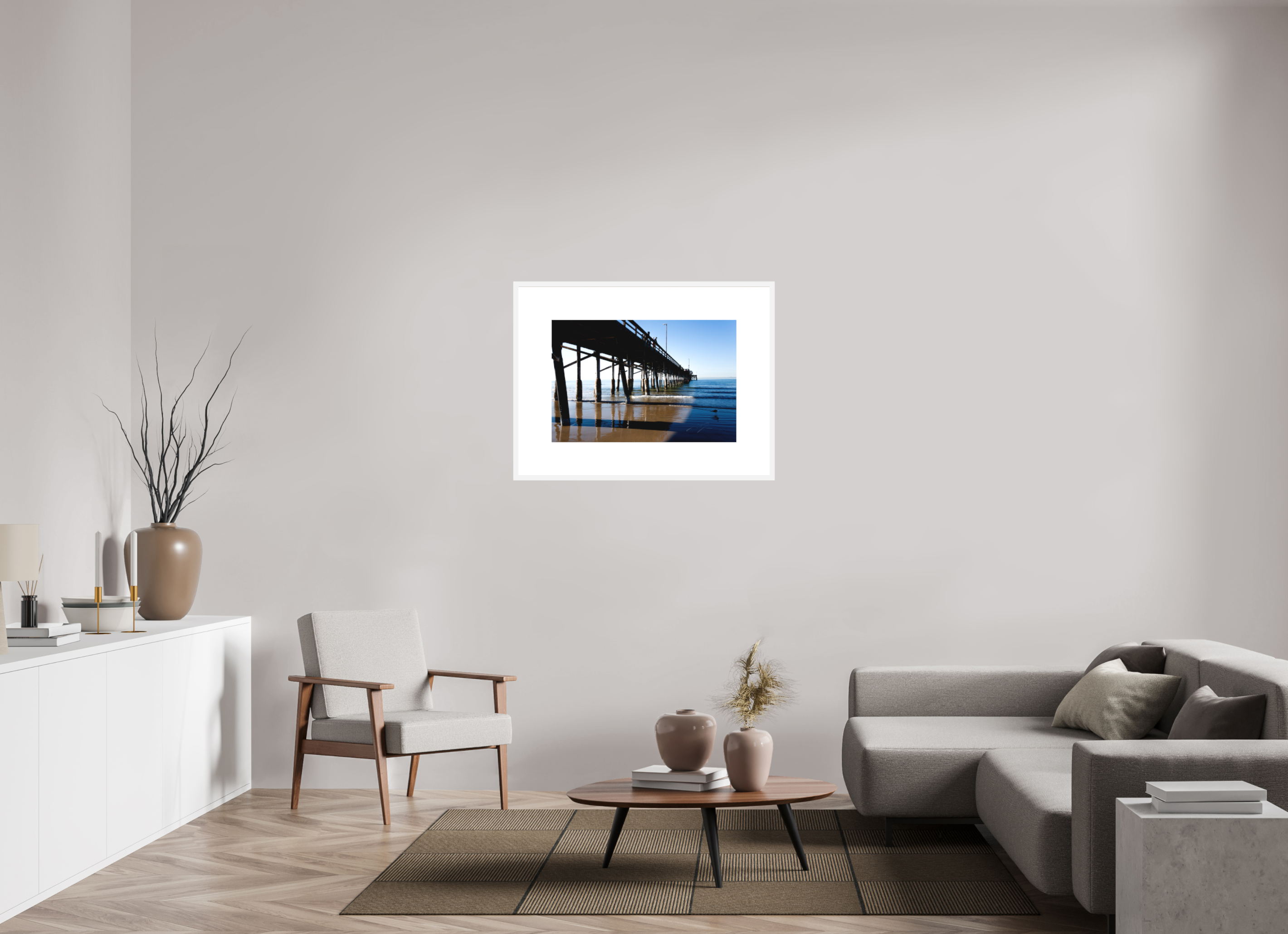 30 x 20″, FRAME SOLID WOOD [FUJI CRYSTAL DP II MATTE FLOAT GLASS] ALONG THE PIER